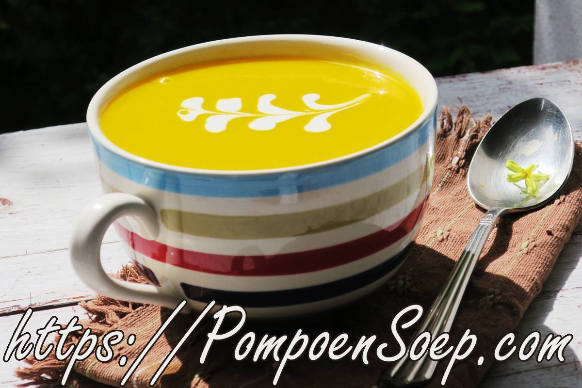 Romige wortelsoep met kokosmelk en curry, gegarneerd met makkelijke, mooie roomtekening